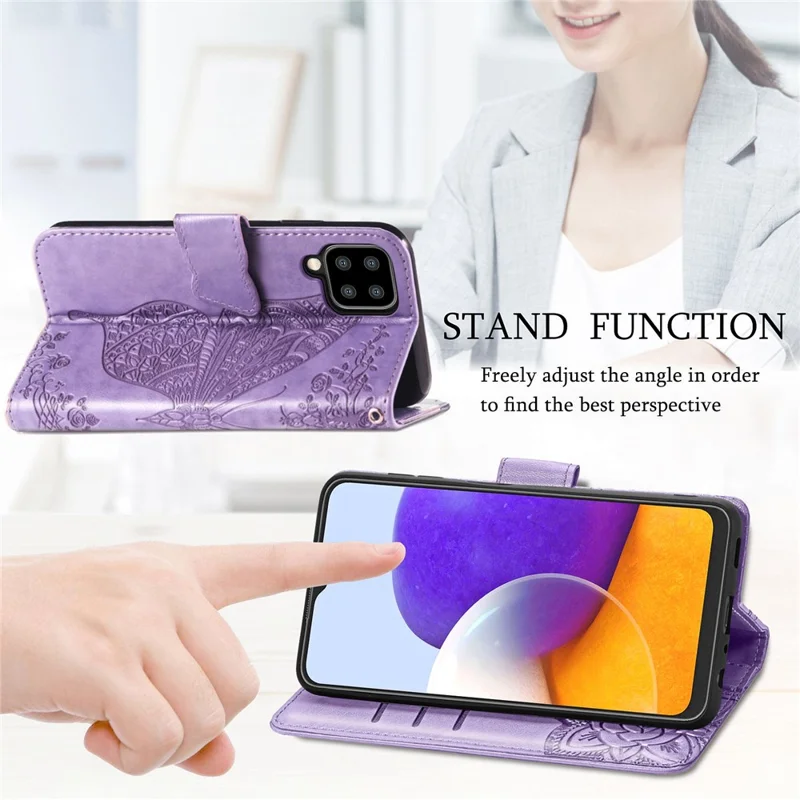 Big Butterfly Imprinting Leather Stand Design Phone Wallet Shell for Samsung Galaxy A22 4G (EU Version) - Light Purple
