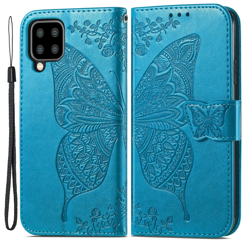 Big Butterfly Imprinting Leather Stand Design Phone Wallet Shell for Samsung Galaxy A22 4G (EU Version) - Blue