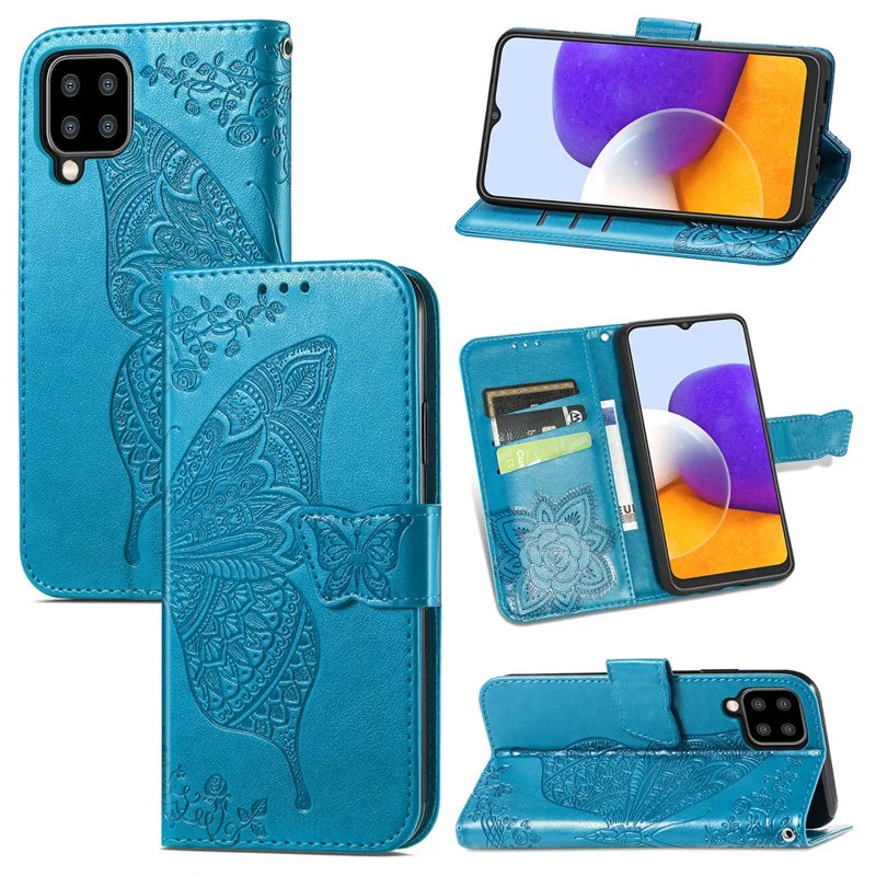 Big Butterfly Imprinting Leather Stand Design Phone Wallet Shell for Samsung Galaxy A22 4G (EU Version) - Blue