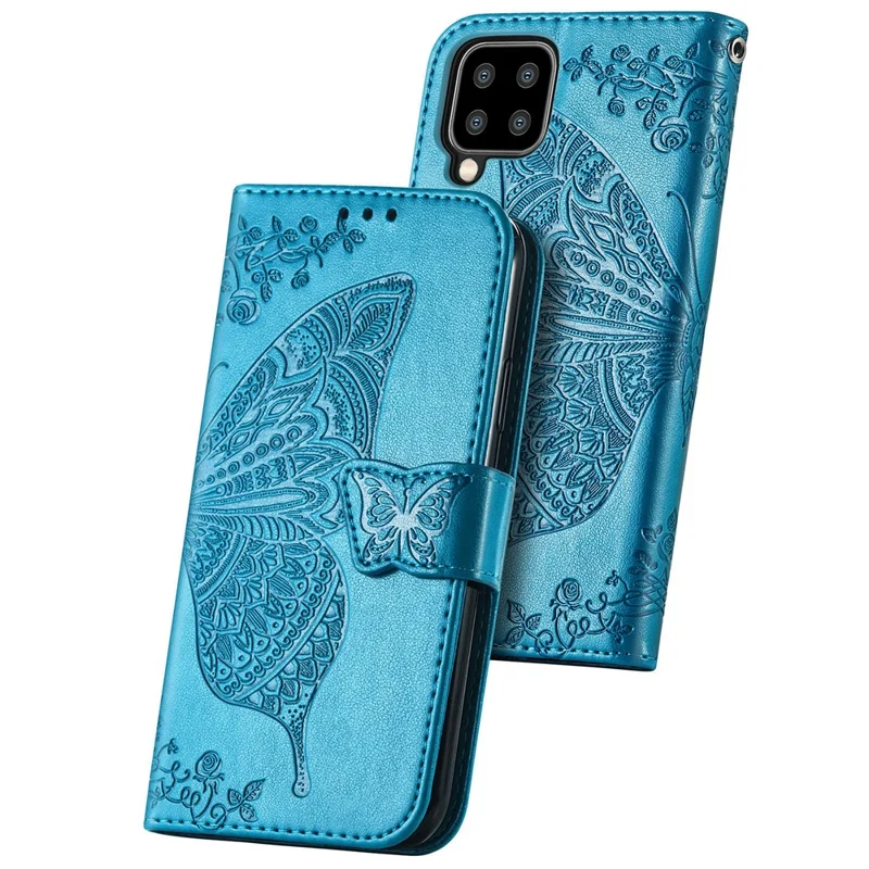 Big Butterfly Imprinting Leather Stand Design Phone Wallet Shell for Samsung Galaxy A22 4G (EU Version) - Blue