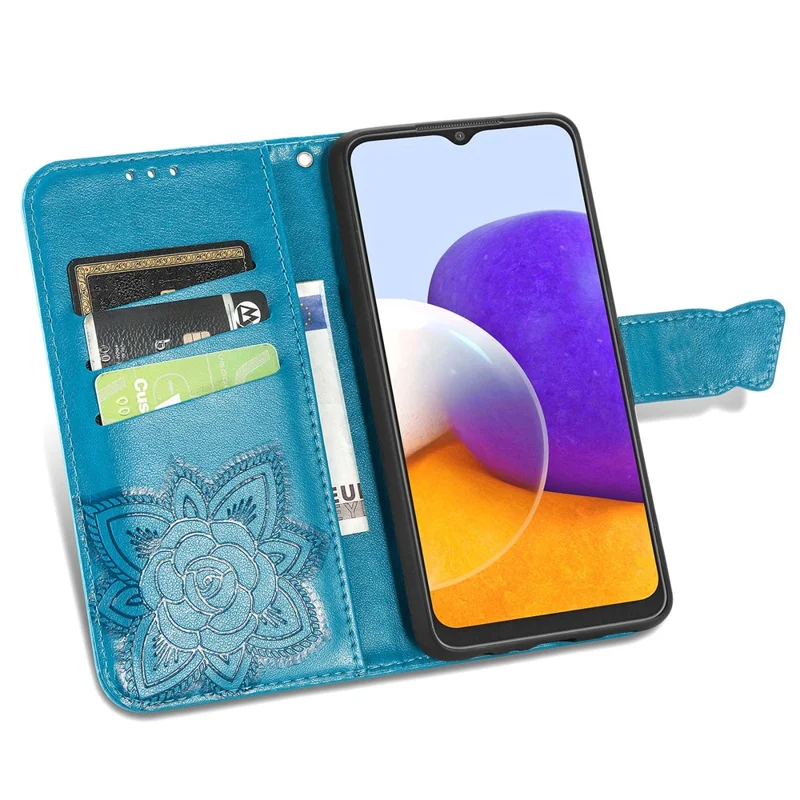 Big Butterfly Imprinting Leather Stand Design Phone Wallet Shell for Samsung Galaxy A22 4G (EU Version) - Blue