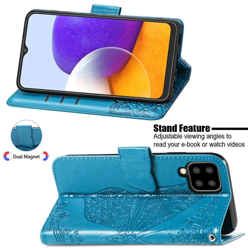 Big Butterfly Imprinting Leather Stand Design Phone Wallet Shell for Samsung Galaxy A22 4G (EU Version) - Blue
