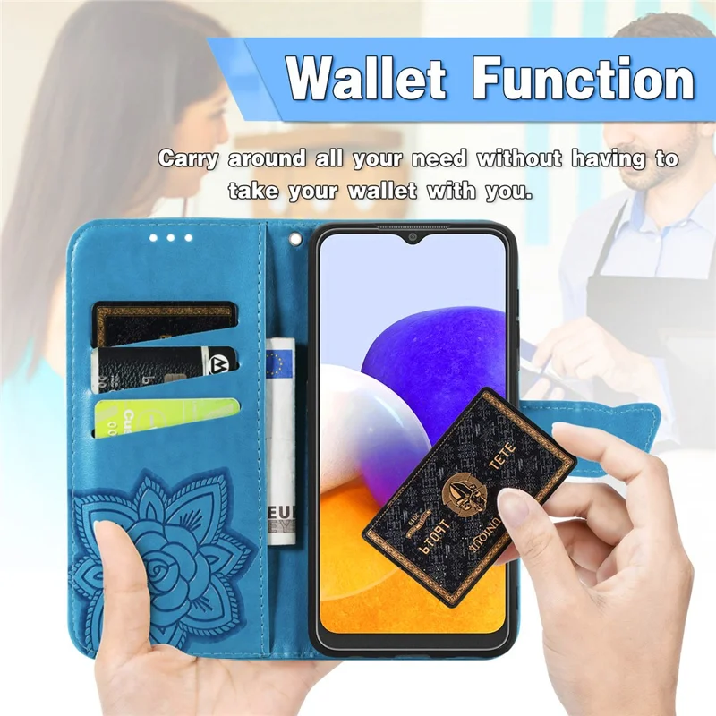 Big Butterfly Imprinting Leather Stand Design Phone Wallet Shell for Samsung Galaxy A22 4G (EU Version) - Blue