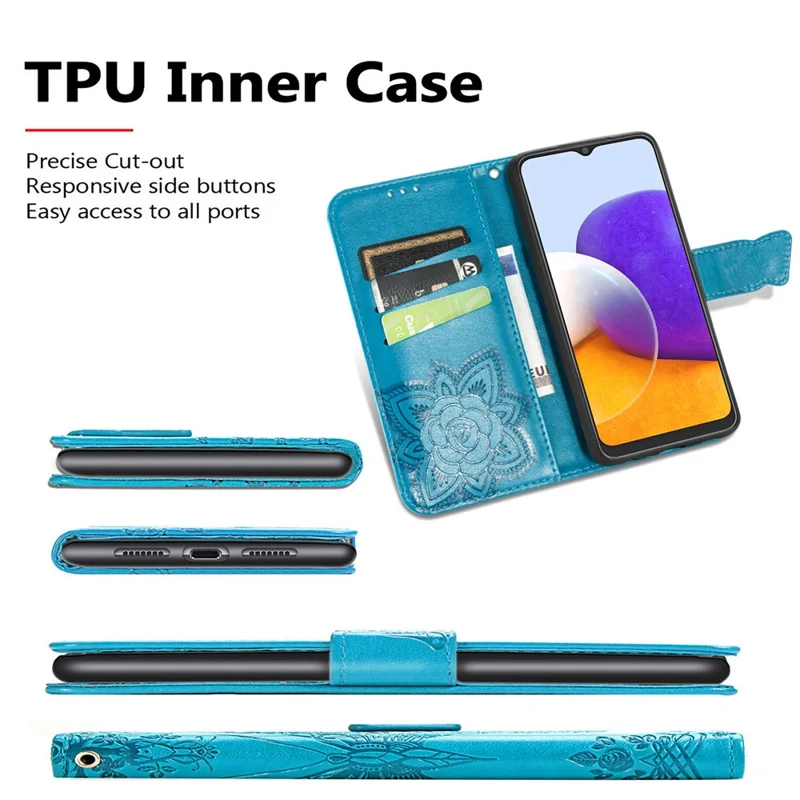 Big Butterfly Imprinting Leather Stand Design Phone Wallet Shell for Samsung Galaxy A22 4G (EU Version) - Blue