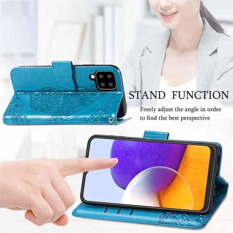 Big Butterfly Imprinting Leather Stand Design Phone Wallet Shell for Samsung Galaxy A22 4G (EU Version) - Blue