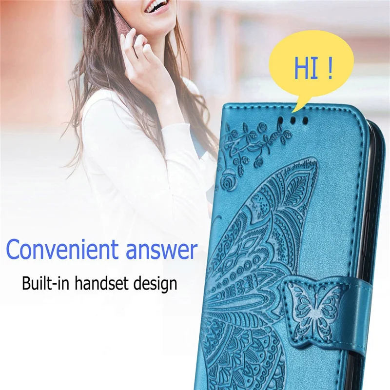 Big Butterfly Imprinting Leather Stand Design Phone Wallet Shell for Samsung Galaxy A22 4G (EU Version) - Blue
