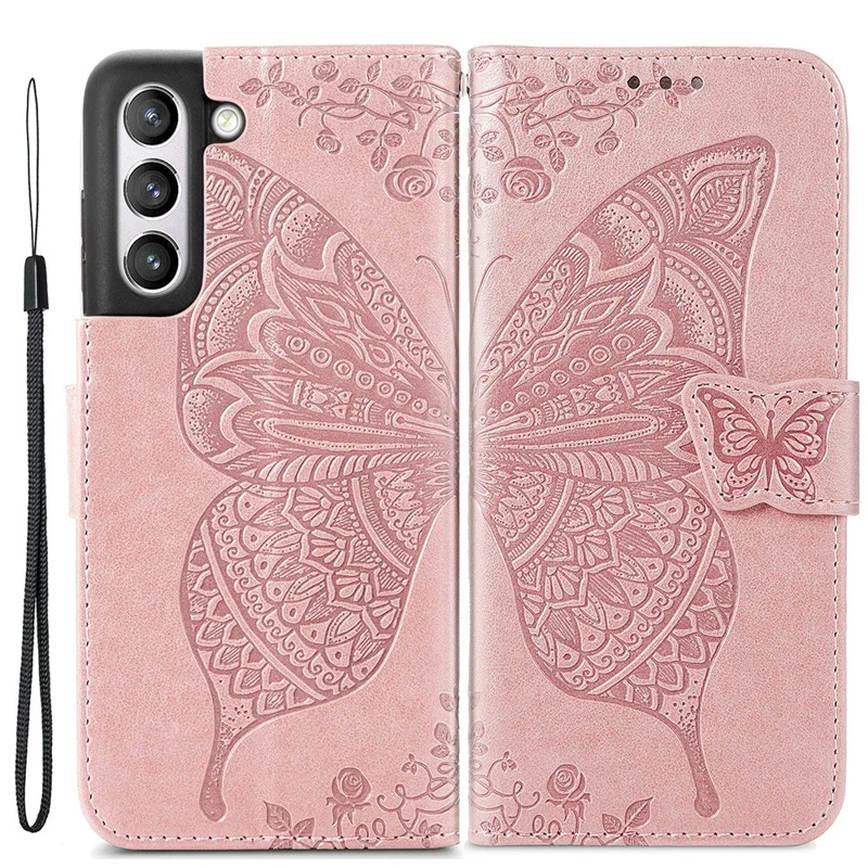 Wallet Design Big Butterfly Imprinting Leather Phone Shell with Stand for Samsung Galaxy S21 FE - Rose Gold