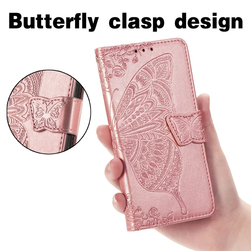 Wallet Design Big Butterfly Imprinting Leather Phone Shell with Stand for Samsung Galaxy S21 FE - Rose Gold