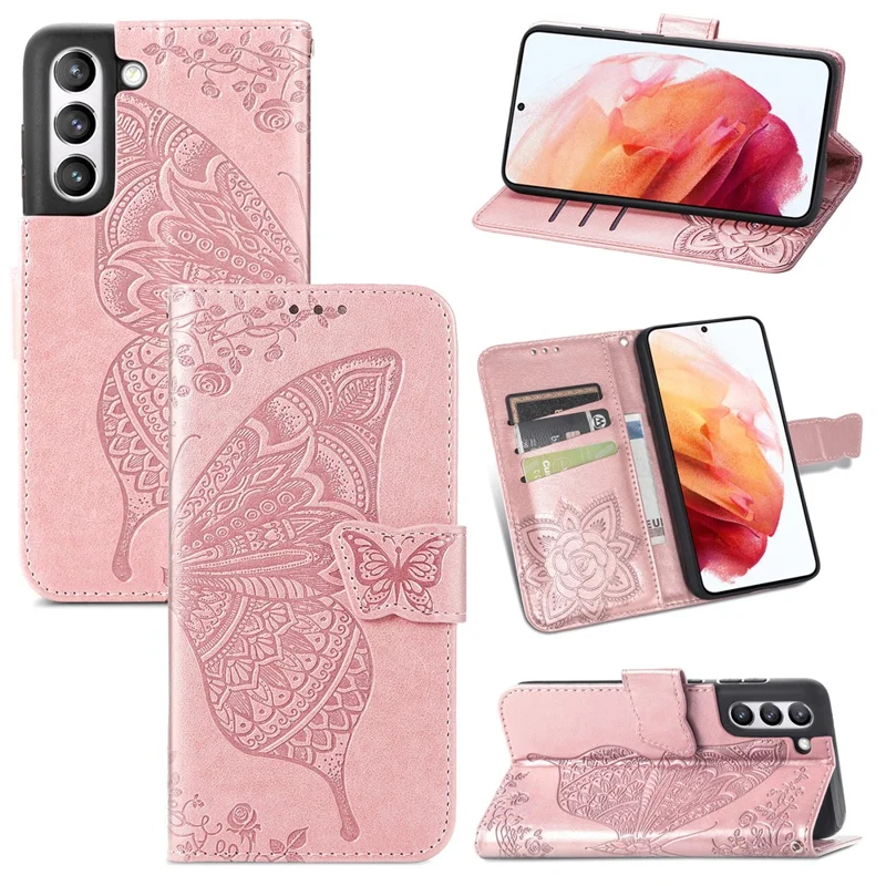 Wallet Design Big Butterfly Imprinting Leather Phone Shell with Stand for Samsung Galaxy S21 FE - Rose Gold