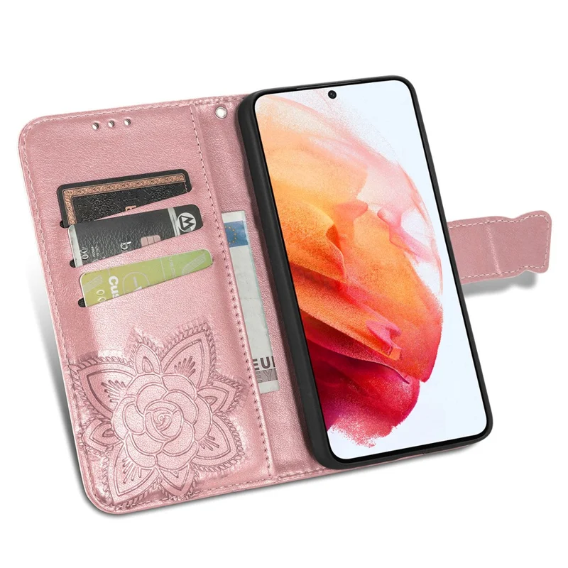 Wallet Design Big Butterfly Imprinting Leather Phone Shell with Stand for Samsung Galaxy S21 FE - Rose Gold