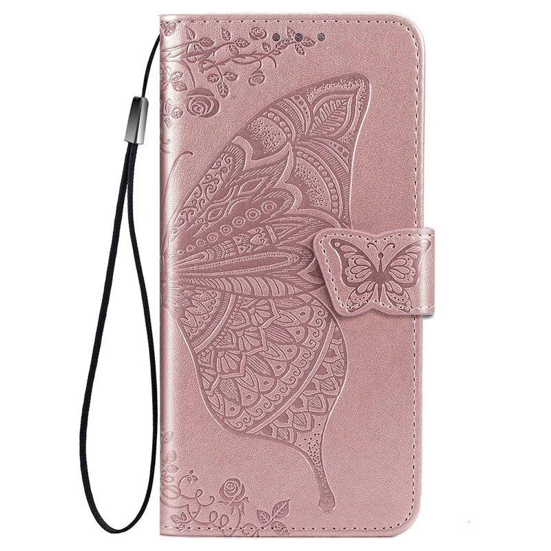 Wallet Design Big Butterfly Imprinting Leather Phone Shell with Stand for Samsung Galaxy S21 FE - Rose Gold