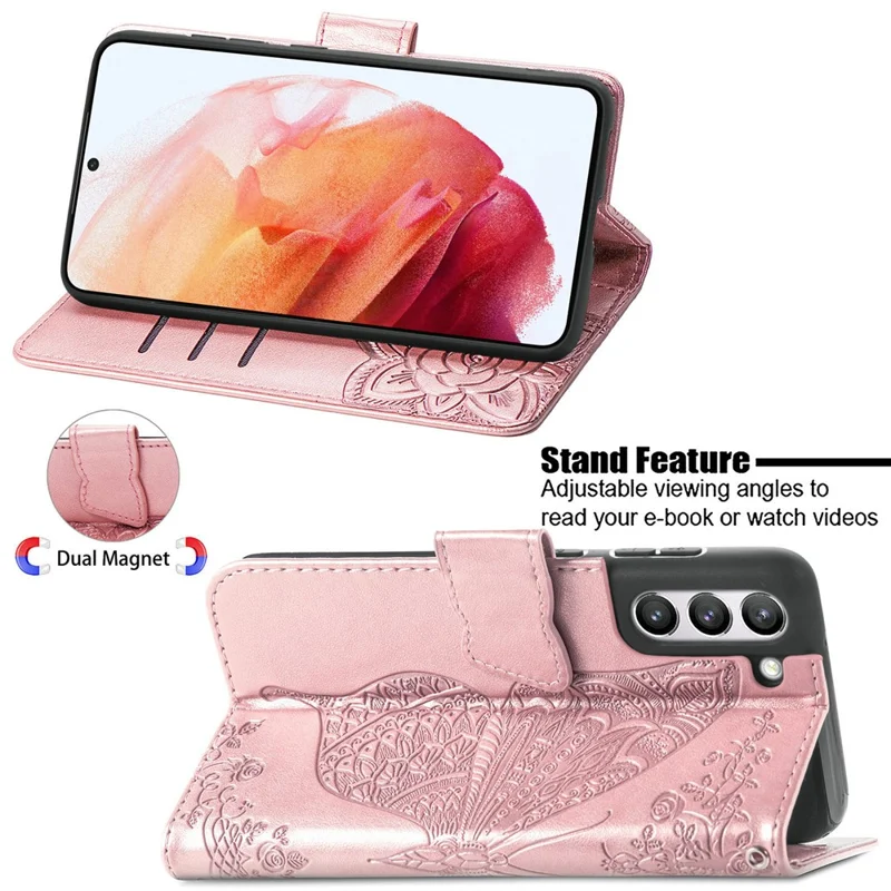 Wallet Design Big Butterfly Imprinting Leather Phone Shell with Stand for Samsung Galaxy S21 FE - Rose Gold