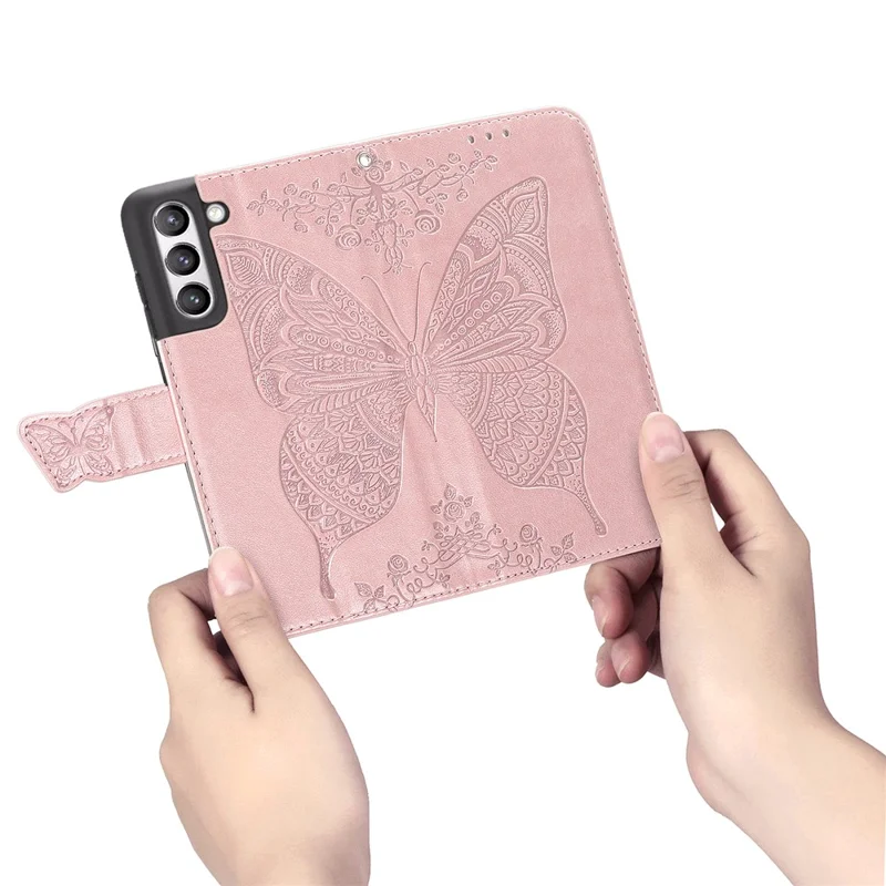 Wallet Design Big Butterfly Imprinting Leather Phone Shell with Stand for Samsung Galaxy S21 FE - Rose Gold