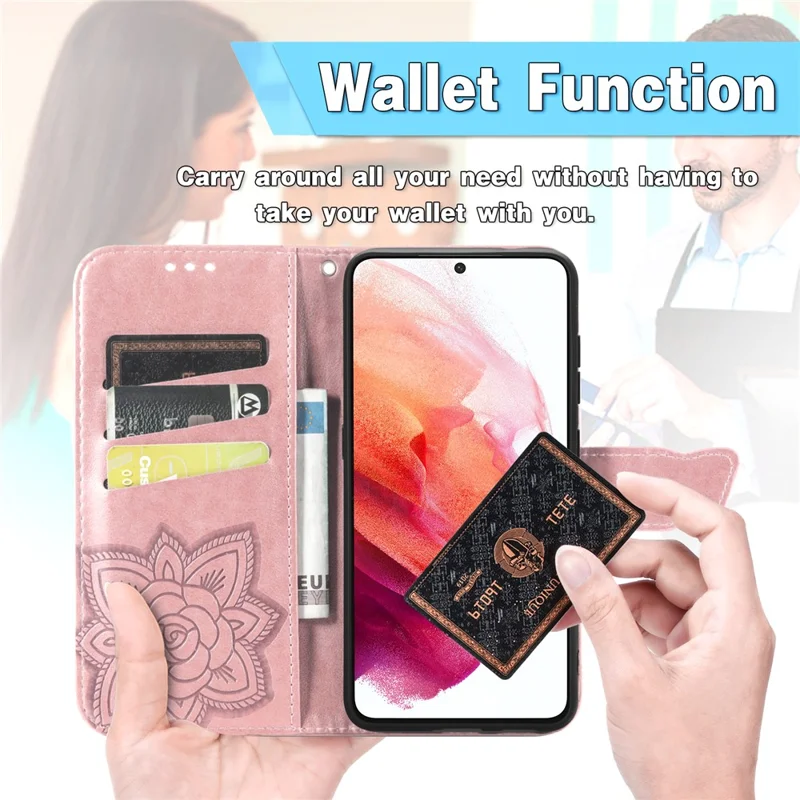 Wallet Design Big Butterfly Imprinting Leather Phone Shell with Stand for Samsung Galaxy S21 FE - Rose Gold