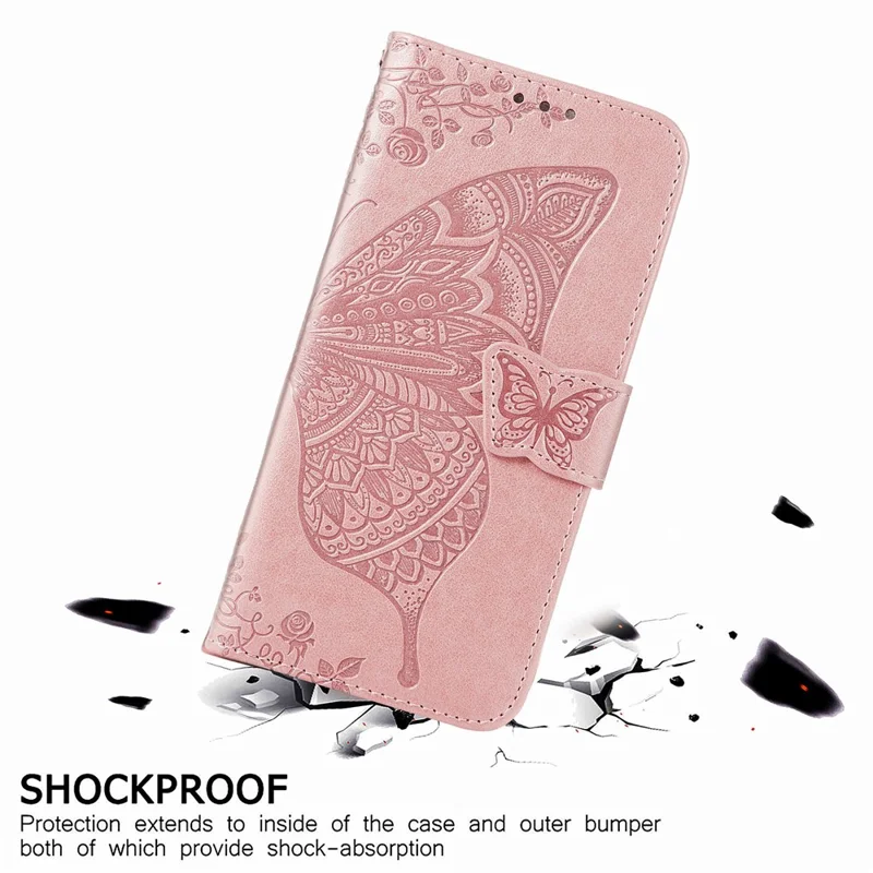 Wallet Design Big Butterfly Imprinting Leather Phone Shell with Stand for Samsung Galaxy S21 FE - Rose Gold