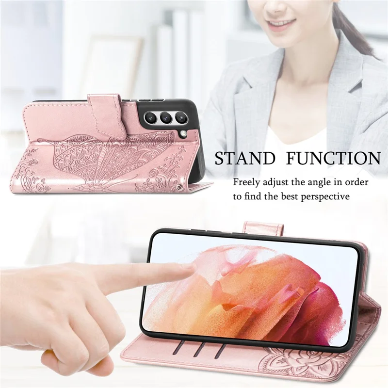 Wallet Design Big Butterfly Imprinting Leather Phone Shell with Stand for Samsung Galaxy S21 FE - Rose Gold