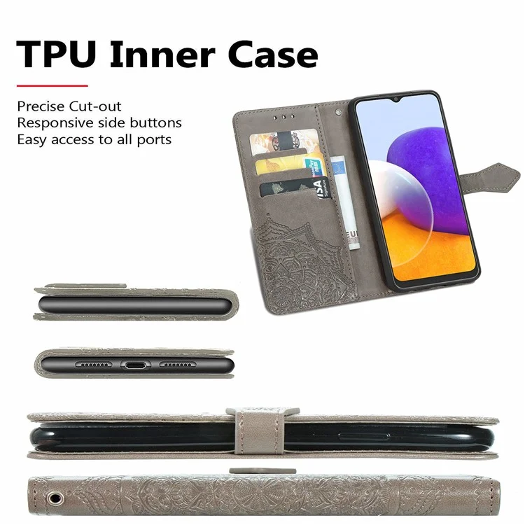Geprägte Mandala Blume PU Leder Hülle Wallet Für Samsung Galaxy A22 4G (EU -version) - Grau