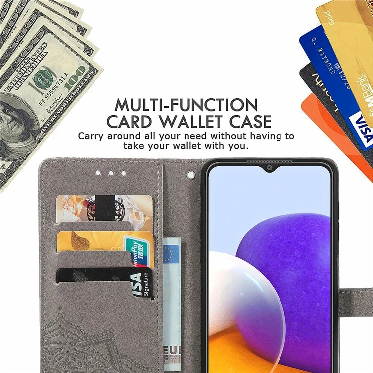 Geprägte Mandala Blume PU Leder Hülle Wallet Für Samsung Galaxy A22 4G (EU -version) - Grau