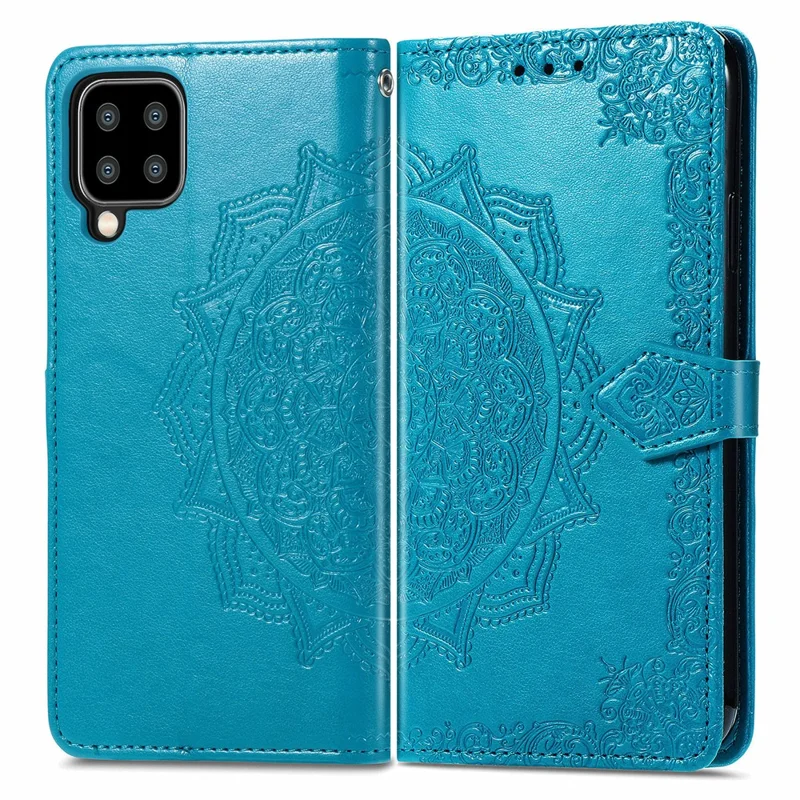 Embossed Mandala Flower PU Leather Case Stand Wallet for Samsung Galaxy A22 4G (EU Version) - Blue