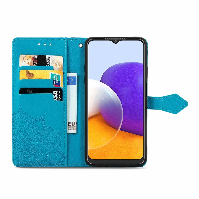 Embossed Mandala Flower PU Leather Case Stand Wallet for Samsung Galaxy A22 4G (EU Version) - Blue