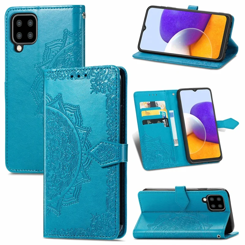 Embossed Mandala Flower PU Leather Case Stand Wallet for Samsung Galaxy A22 4G (EU Version) - Blue