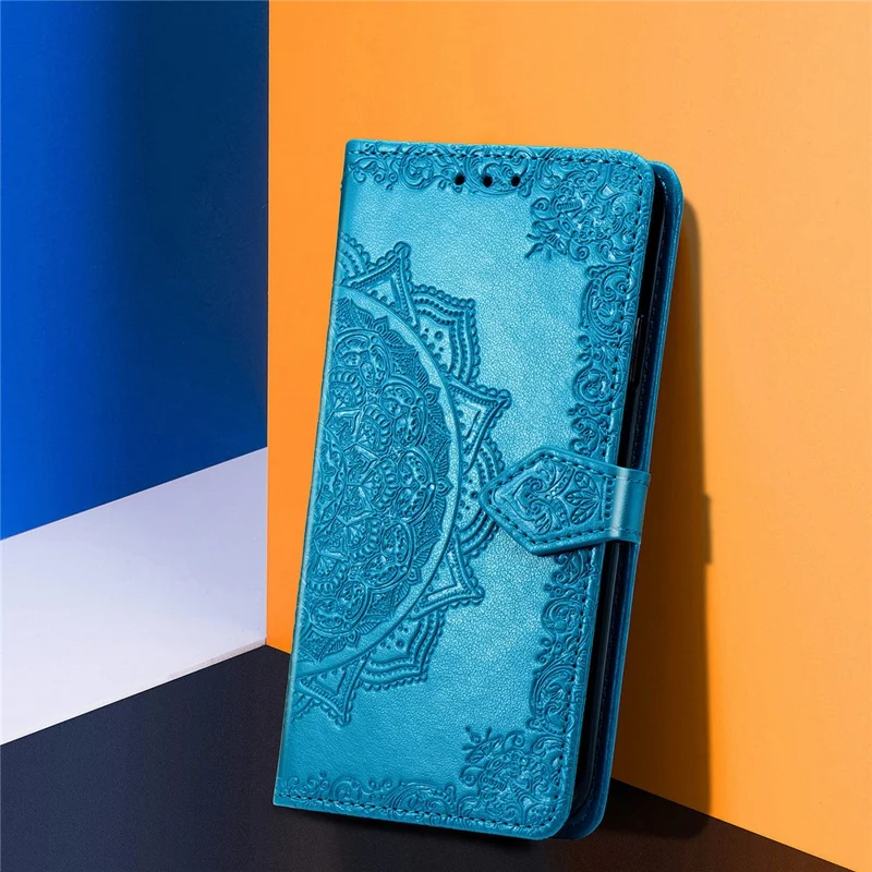 Embossed Mandala Flower PU Leather Case Stand Wallet for Samsung Galaxy A22 4G (EU Version) - Blue