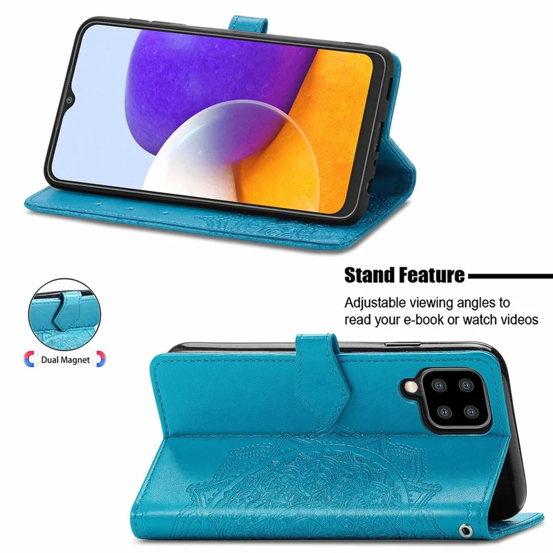 Embossed Mandala Flower PU Leather Case Stand Wallet for Samsung Galaxy A22 4G (EU Version) - Blue