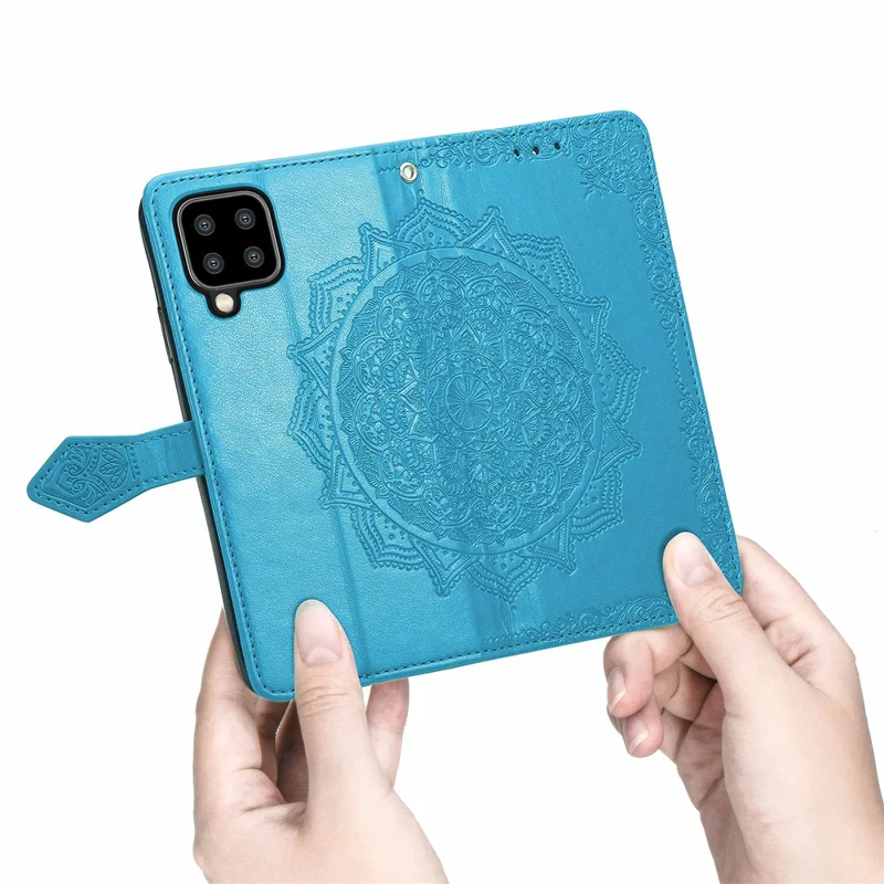 Embossed Mandala Flower PU Leather Case Stand Wallet for Samsung Galaxy A22 4G (EU Version) - Blue