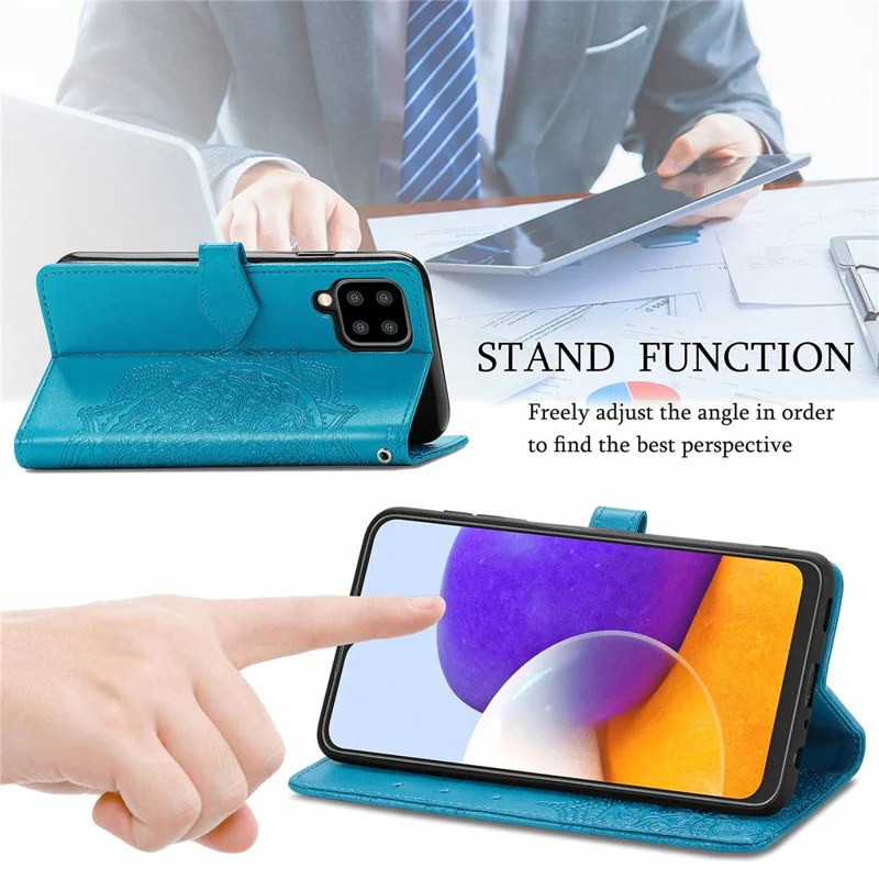 Embossed Mandala Flower PU Leather Case Stand Wallet for Samsung Galaxy A22 4G (EU Version) - Blue