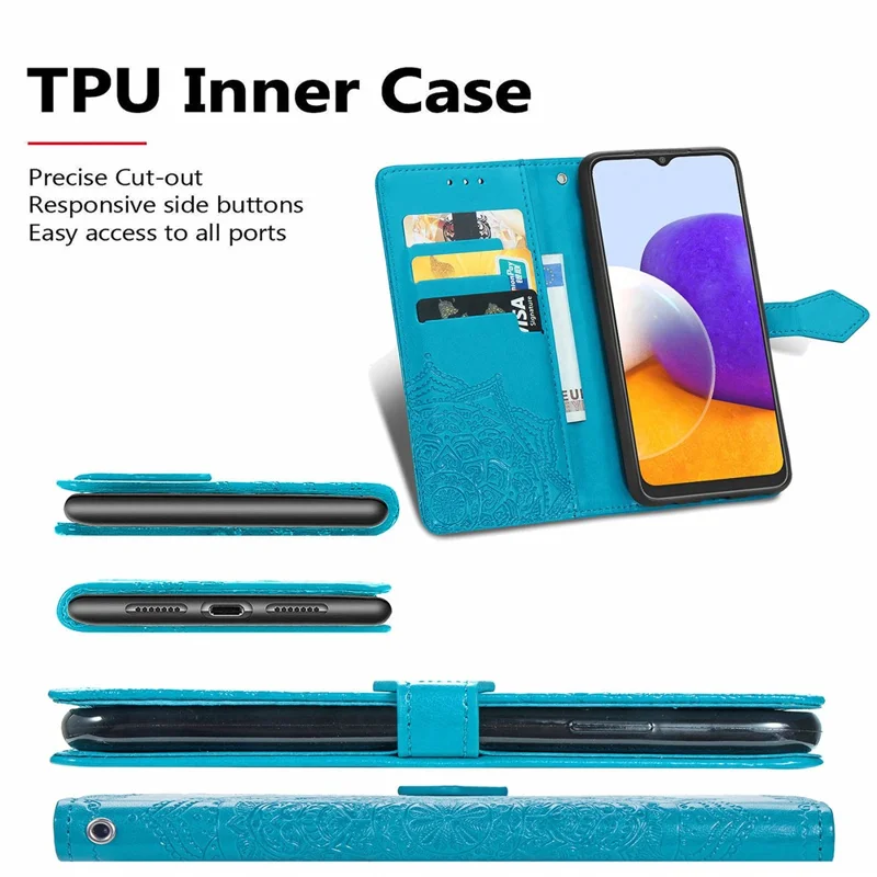 Embossed Mandala Flower PU Leather Case Stand Wallet for Samsung Galaxy A22 4G (EU Version) - Blue