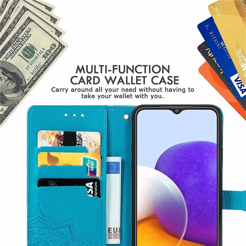 Embossed Mandala Flower PU Leather Case Stand Wallet for Samsung Galaxy A22 4G (EU Version) - Blue