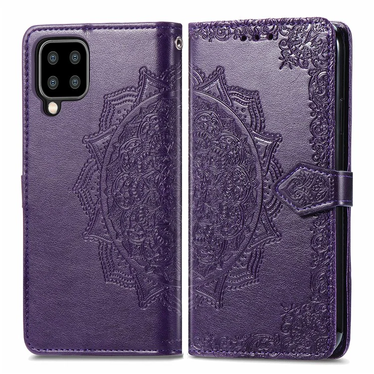 Embossed Mandala Flower PU Leather Case Stand Wallet for Samsung Galaxy A22 4G (EU Version) - Purple
