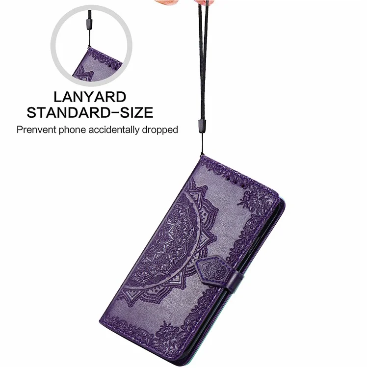 Embossed Mandala Flower PU Leather Case Stand Wallet for Samsung Galaxy A22 4G (EU Version) - Purple