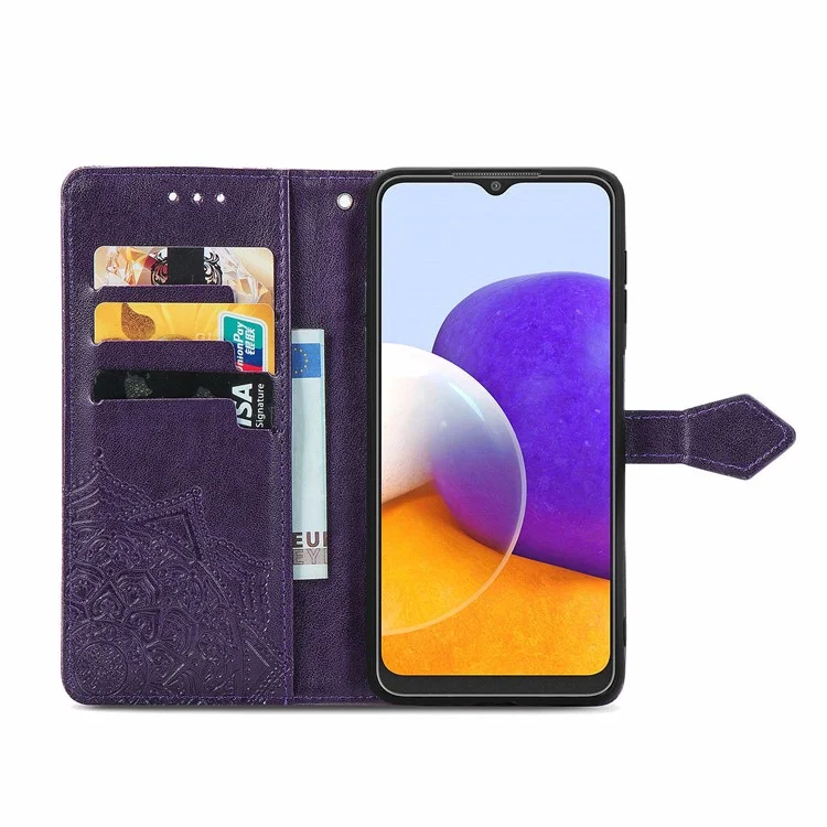 Embossed Mandala Flower PU Leather Case Stand Wallet for Samsung Galaxy A22 4G (EU Version) - Purple