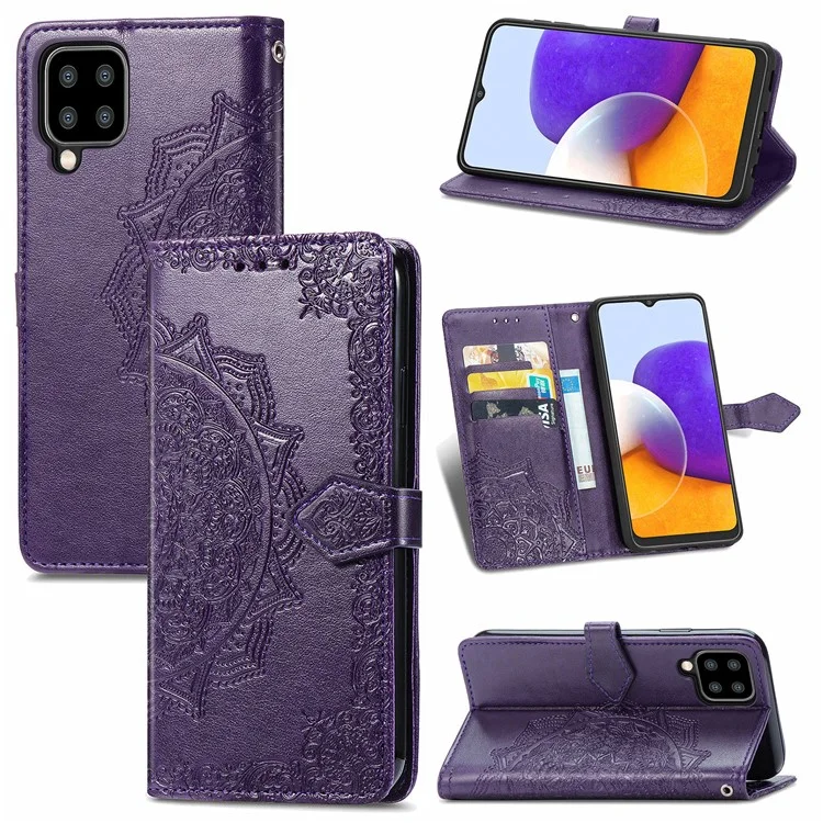 Embossed Mandala Flower PU Leather Case Stand Wallet for Samsung Galaxy A22 4G (EU Version) - Purple