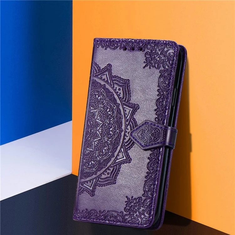Embossed Mandala Flower PU Leather Case Stand Wallet for Samsung Galaxy A22 4G (EU Version) - Purple