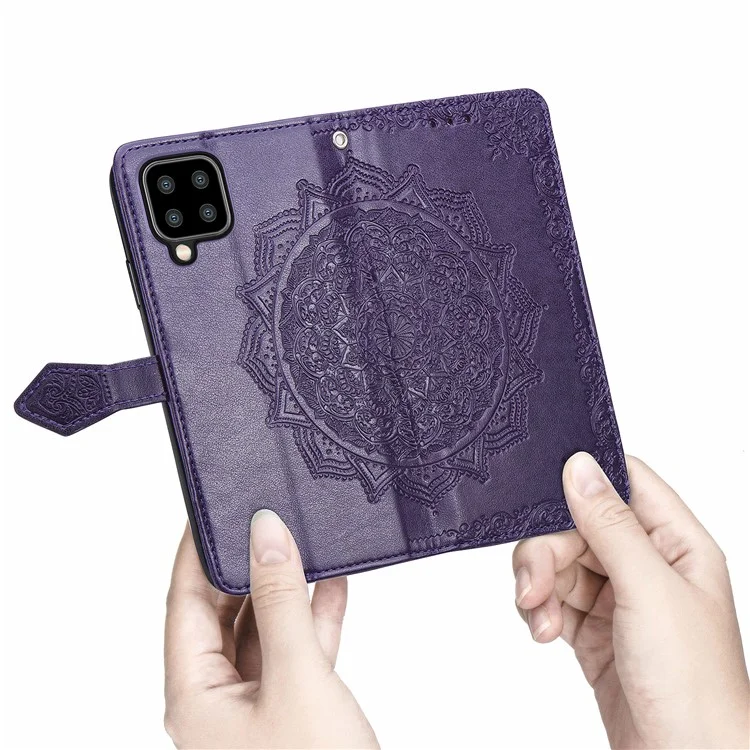 Embossed Mandala Flower PU Leather Case Stand Wallet for Samsung Galaxy A22 4G (EU Version) - Purple