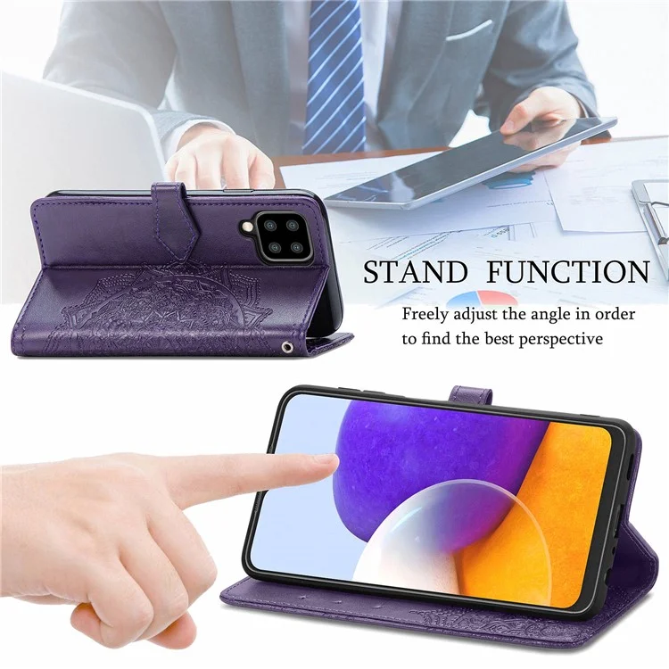 Embossed Mandala Flower PU Leather Case Stand Wallet for Samsung Galaxy A22 4G (EU Version) - Purple