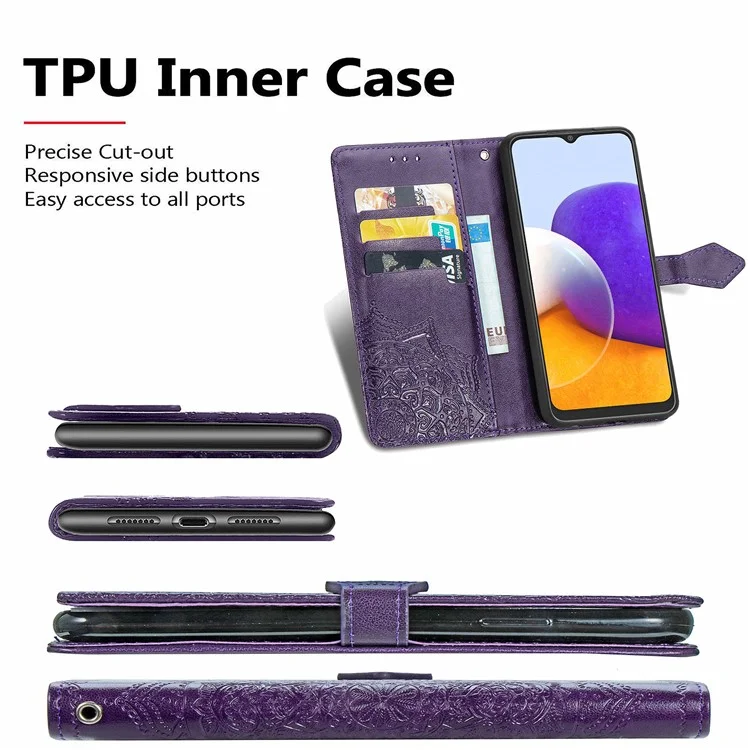 Embossed Mandala Flower PU Leather Case Stand Wallet for Samsung Galaxy A22 4G (EU Version) - Purple