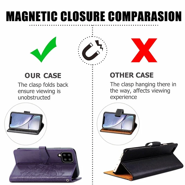 Embossed Mandala Flower PU Leather Case Stand Wallet for Samsung Galaxy A22 4G (EU Version) - Purple