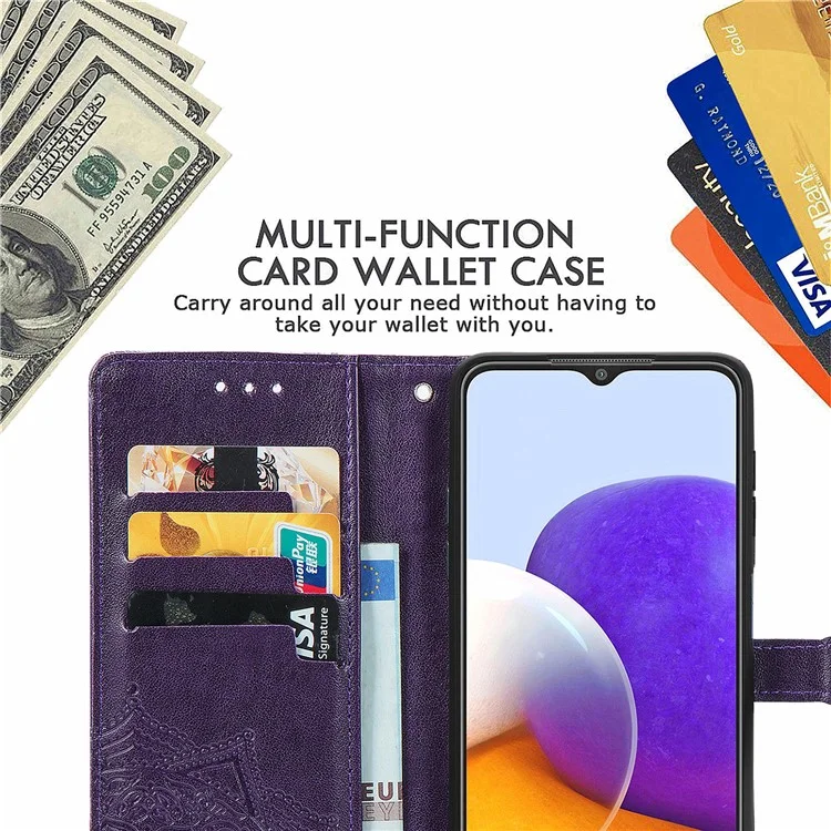 Embossed Mandala Flower PU Leather Case Stand Wallet for Samsung Galaxy A22 4G (EU Version) - Purple