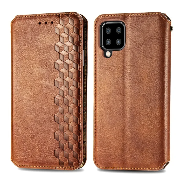 Ауто-абсорбированный Rhombus Implinting Leather Phone Cover Для Samsung Galaxy A22 4G (версия Eu) - Коричневый