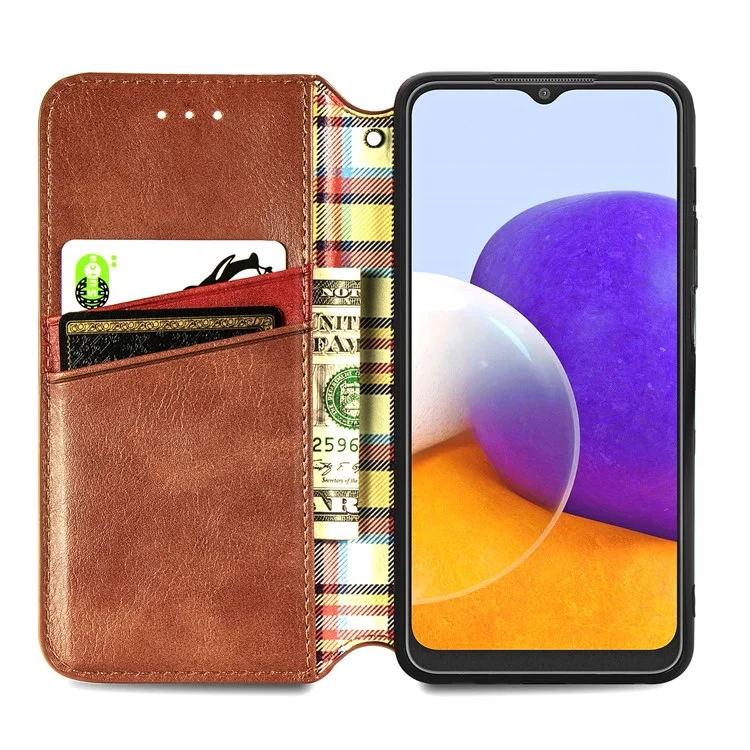 Ауто-абсорбированный Rhombus Implinting Leather Phone Cover Для Samsung Galaxy A22 4G (версия Eu) - Коричневый