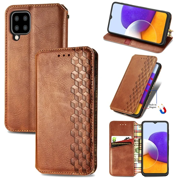 Ауто-абсорбированный Rhombus Implinting Leather Phone Cover Для Samsung Galaxy A22 4G (версия Eu) - Коричневый