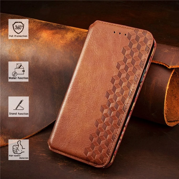 Ауто-абсорбированный Rhombus Implinting Leather Phone Cover Для Samsung Galaxy A22 4G (версия Eu) - Коричневый