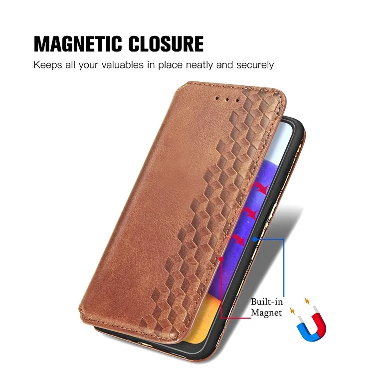 Ауто-абсорбированный Rhombus Implinting Leather Phone Cover Для Samsung Galaxy A22 4G (версия Eu) - Коричневый