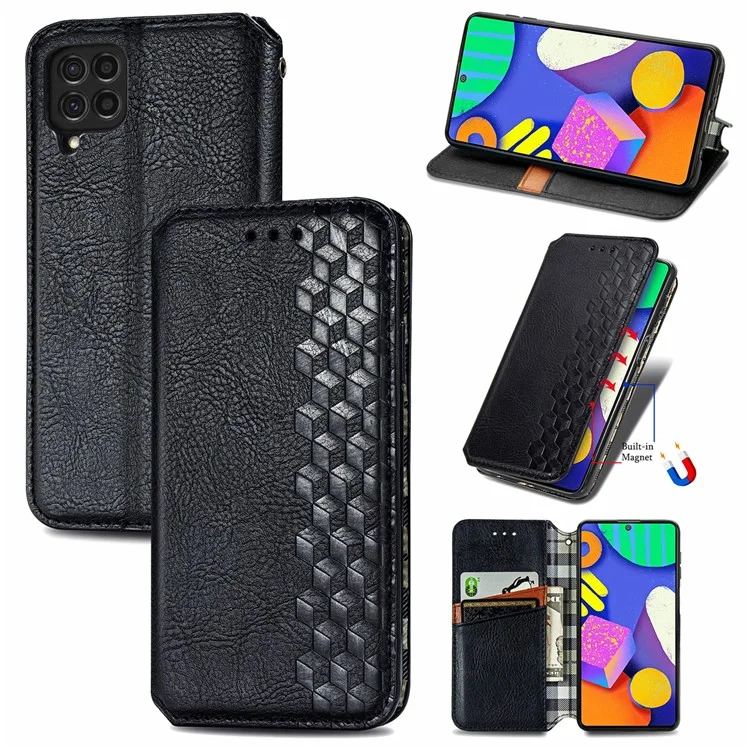Rhombus Imprinting Design Magnet Auto-assorbed PU Custodia in Pelle Con Portafoglio Per Samsung Galaxy F62/M62 - Nero