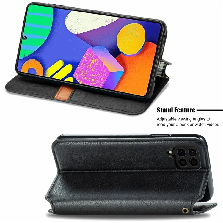 Rhombus Imprinting Design Magnet Auto-assorbed PU Custodia in Pelle Con Portafoglio Per Samsung Galaxy F62/M62 - Nero