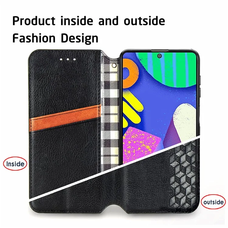 Rhombus Imprinting Design Magnet Auto-assorbed PU Custodia in Pelle Con Portafoglio Per Samsung Galaxy F62/M62 - Nero