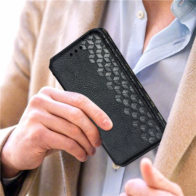 Rhombus Imprinting Design Magnet Auto-assorbed PU Custodia in Pelle Con Portafoglio Per Samsung Galaxy F62/M62 - Nero